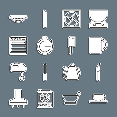 Set line Coffee cup Knife Ventilation Kitchen timer Oven colander and Meat chopper icon. Vector.