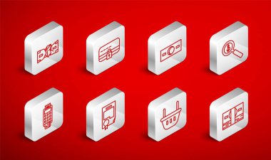 Set line Stacks paper money cash Credit card with lock Paper Magnifying glass and dollar Shopping basket Crumpled Certificate template and POS terminal credit icon. Vector.