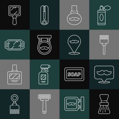 Set line Shaving brush Barbershop Hairbrush Beard and mustaches care oil bottle Hand mirror and icon. Vector.