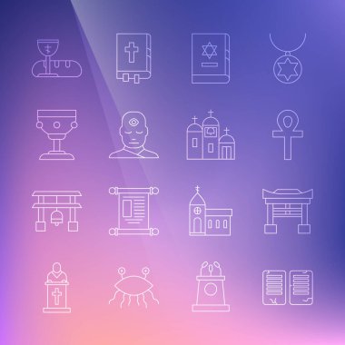 Set line The commandments Japan Gate Cross ankh Jewish torah book Man with third eye Christian chalice First communion symbols and Church building icon. Vector.