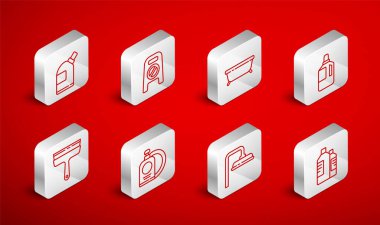 Set line Bottles for cleaning agent Wet floor and progress Bathtub Fabric softener Shower head Dishwashing liquid bottle plate and Rubber cleaner windows icon. Vector.