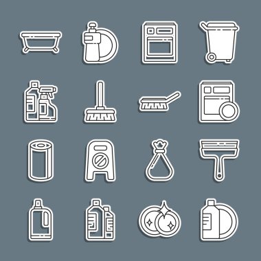 Set line Dishwashing liquid bottle and plate Rubber cleaner for windows Kitchen dishwasher machine Handle broom Bottles cleaning agent Bathtub and Brush icon. Vector.