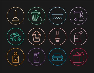 Set line Toilet paper roll Bottles for cleaning agent Sponge with bubbles Bucket rag Washing dishes Rubber plunger brush and Trash can and garbage bag icon. Vector.