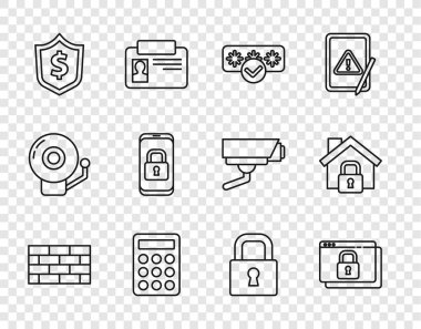 Set line Firewall security wall Secure your site with HTTPS SSL Password protection Shield dollar Mobile closed padlock Lock and House under icon. Vector.
