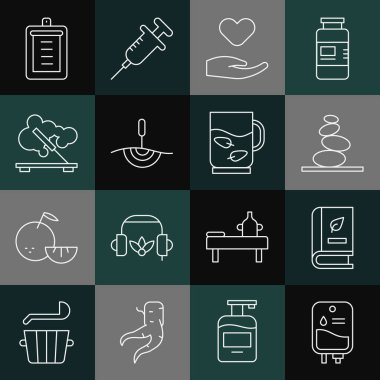 Set line IV bag Medical book Stack hot stones Heart in hand Acupuncture therapy Scented spa stick Clipboard with checklist and Cup of tea leaf icon. Vector.