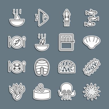 Set line Sea urchin cucumber Scallop sea shell Octopus Soup with octopus Served fish on plate Shark fin soup and Canned icon. Vector.