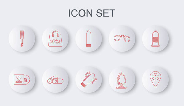 Set line Location with heart Disc inscription Sex Dildo vibrator Anal plug Spanking paddle Shopping bag triple X Pills for potency and sex games icon. Vector.