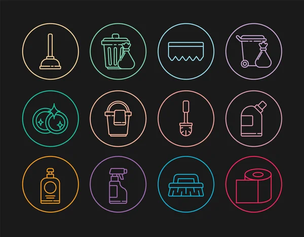 Set line Toilet paper roll Bottles for cleaning agent Sponge with bubbles Bucket rag Washing dishes Rubber plunger brush and Trash can and garbage bag icon. Vector.