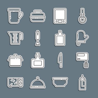 Set line Sauce bottle Electric mixer Oven glove Electronic scales Blender Measuring cup Coffee and Cutting board icon. Vector.