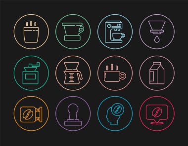 Set line Location with coffee bean Bag beans Coffee machine Pour over maker Manual grinder cup and V60 icon. Vector.