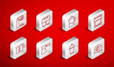 Set line Coffee and conversation cup to go French press machine turk and pot icon. Vector.