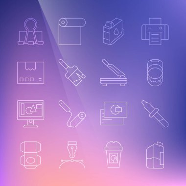 Set line Printer ink bottle Pipette Paint bucket cartridge brush Carton cardboard box Binder clip and Paper cutter icon. Vector.