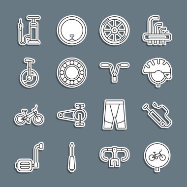 Set line Bicycle air pump helmet wheel ball bearing Unicycle or one bicycle and handlebar icon. Vector.