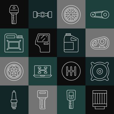 Set line Car air filter audio speaker headlight wheel door Canister for motor oil key with remote and icon. Vector.