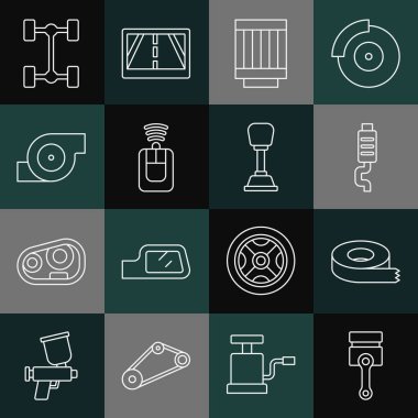 Set line Engine piston Scotch tape Car muffler air filter key with remote Automotive turbocharger Chassis car and Gear shifter icon. Vector.