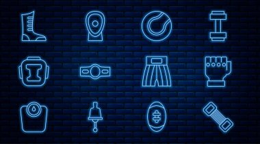 Set line Chest expander MMA glove Tennis ball Boxing belt helmet Sport boxing shoes short and training paws icon. Vector.