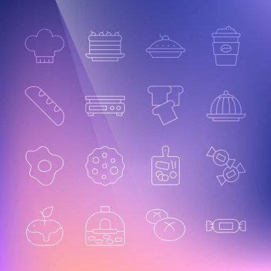 Set line Candy Pudding custard Homemade pie Electronic scales French baguette bread Chef hat and Bread toast icon. Vector.