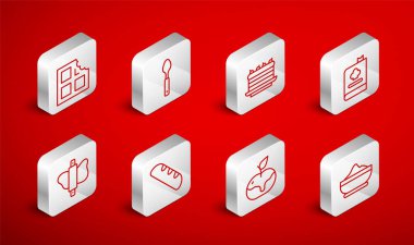 Set line Flour bowl Spoon Cake Cookbook Apple in caramel Chocolate bar French baguette bread and Rolling pin dough icon. Vector.