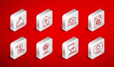 Set line Star and crescent Pope hat Jewish calendar Holy grail or chalice Muslim Mosque of David and Decree paper parchment scroll icon. Vector.