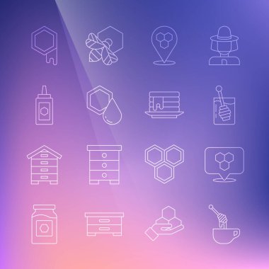 Set line Honey dipper stick with honey Honeycomb bee location Jar of and Stack pancakes icon. Vector.