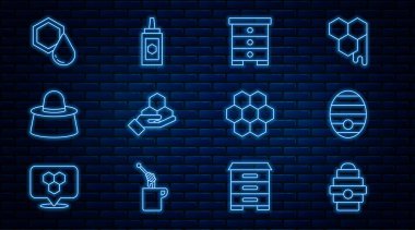 Set line Hive for bees Honeycomb and hand Beekeeper with protect hat and Jar of honey icon. Vector.