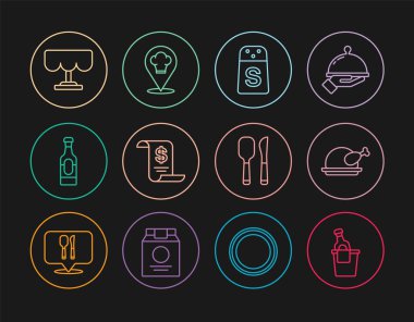Set line Champagne in an ice bucket Roasted turkey or chicken Salt Paper financial check Wine bottle Wooden table Knife and spoon and Chef hat with location icon. Vector.
