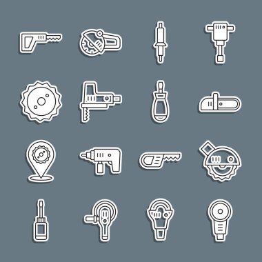 Set line Angle grinder Electric circular saw Chainsaw Soldering iron jigsaw Circular blade Reciprocating and Screwdriver icon. Vector.