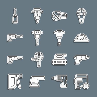 Set line Power electric generator Electric cordless screwdriver circular saw Angle grinder Construction jackhammer Rotary drill machine Screwdriver and icon. Vector.