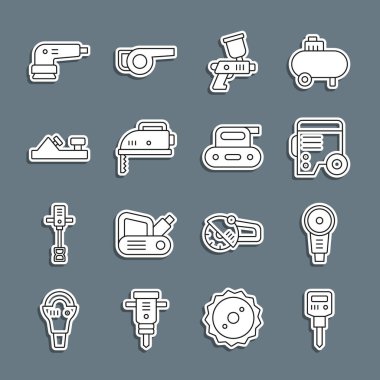 Set line Construction jackhammer Angle grinder Power electric generator Paint spray gun Electric jigsaw Wood plane tool sander and planer icon. Vector.