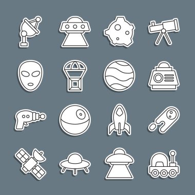 Set line Mars rover Comet falling down fast Space capsule Asteroid Box flying on parachute Alien Satellite dish and Planet icon. Vector.