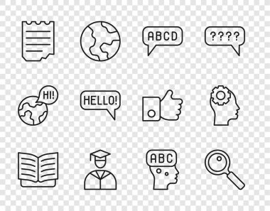 Set line Open book Magnifying glass Alphabet Graduate and graduation cap Notebook Hello different languages Learning foreign and Head with gear inside icon. Vector.