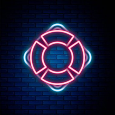 Parlayan neon hattı Lifebuoy simgesi tuğla duvar arka planında izole edildi. Can simidi sembolü. Renkli taslak konsepti. Vektör