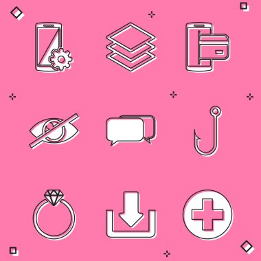 Set Setting on smartphone, Layers, NFC Payment, Invisible or hide, Chat and Fishing hook icon. Vector