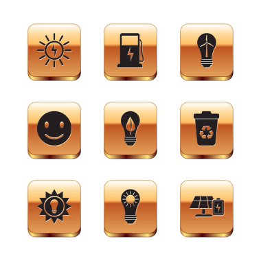 Set Solar energy panel, Light bulb with leaf, Smile face, wind turbine, and battery and Electric car charging station icon. Vector