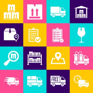 Set Delivery truck and clock, with gift, Fragile broken glass, cargo vehicle, Verification of delivery list, Location cardboard box, Cardboard traffic and  icon. Vector