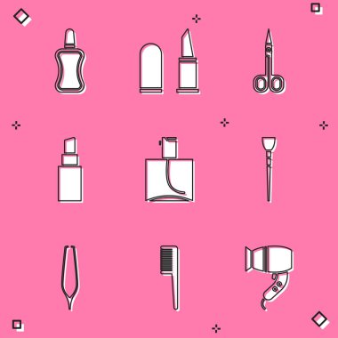 Set Nail polish bottle, Lipstick, Scissors, Perfume, Makeup brush, Eyebrow tweezers and Hairbrush icon. Vector