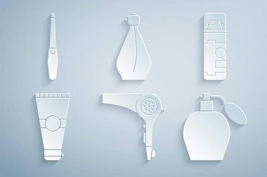 Set Hair dryer, Shaving gel foam, Lotion cosmetic tube, Perfume,  and Nail file icon. Vector
