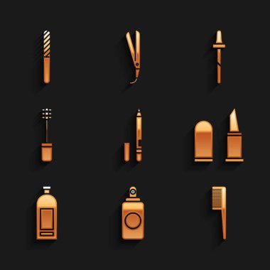 Set Eyeliner, eyebrow, Spray can, Hairbrush, Lipstick, Bottle of shampoo, Mascara, Pipette and Nail file icon. Vector
