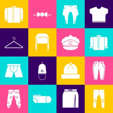 Set Pants, T-shirt, Winter hat with ear flaps, Hanger wardrobe,  and Police cap cockade icon. Vector