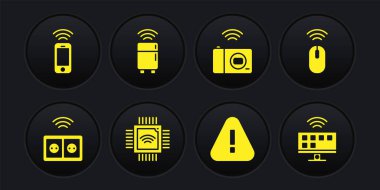 Set Smart electrical outlet, Wireless mouse, Processor with microcircuits CPU, Exclamation mark in triangle, photo camera, refrigerator, Tv system and smartphone icon. Vector