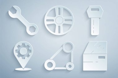 Set Timing belt kit, Car key with remote, service, door, Alloy wheel and Wrench spanner icon. Vector