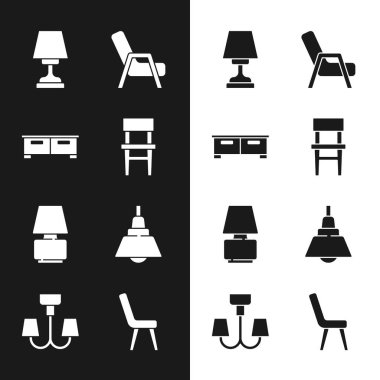 Set Chair, Chest of drawers, Table lamp, Armchair, Chandelier,  and  icon. Vector