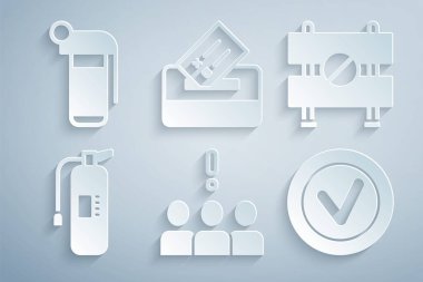 Set Crowd protest, Road barrier, Fire extinguisher, Check mark round, Vote box and Hand grenade icon. Vector