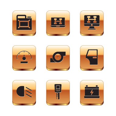 Set Canister for motor oil, High beam, Car key with remote, Automotive turbocharger, Speedometer, Diagnostics condition of car, battery and  icon. Vector