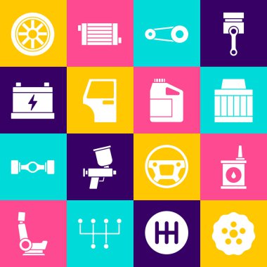 Set Gear, Canister for motor oil, Car air filter, Timing belt kit, door, battery, wheel and  icon. Vector