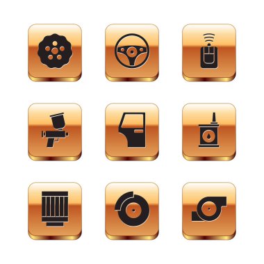 Set Gear, Car air filter, brake disk with caliper, door, Paint spray gun, key remote, Automotive turbocharger and Steering wheel icon. Vector