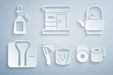 Set Wooden axe in stump, Kettle with handle, Bathrobe, Toilet paper roll, Sauna wooden bathhouse and Essential bottle icon. Vector