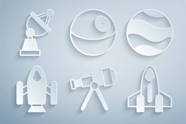 Set Telescope, Planet, Rocket ship,  and Satellite dish icon. Vector