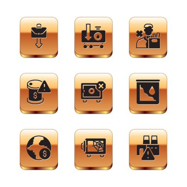 Set Briefcase, Global economic crisis, Safe, Drop in crude oil price, Employee dismissal, Shutdown of factory and  icon. Vector