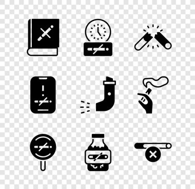 Set Book with stop cigarette, No smoking time, Broken, Nicotine gum blister pack,  and Inhaler icon. Vector